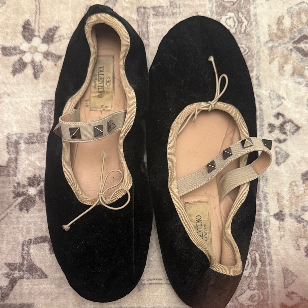 Valentino Black and Beige Flats with Stud Accents